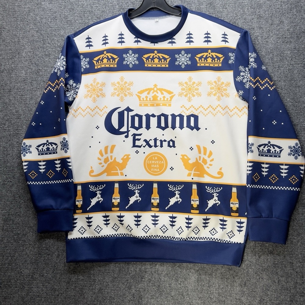 Corona Extra Ugly Christmas Sweater Sweatshirt Blue Graphic Holiday Beer Large